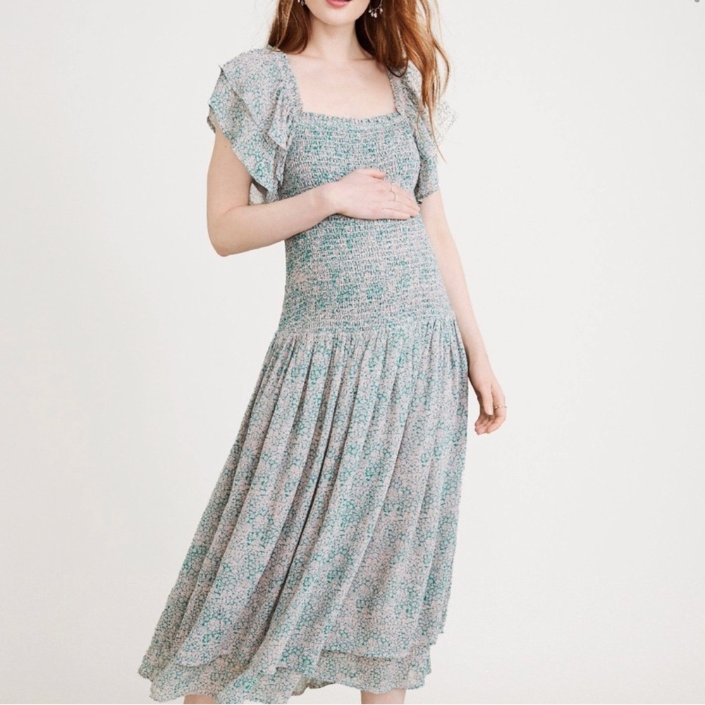 Hatch Maternity Cosette Dress Green Floral Print Midi Length Size 3 /L NWT